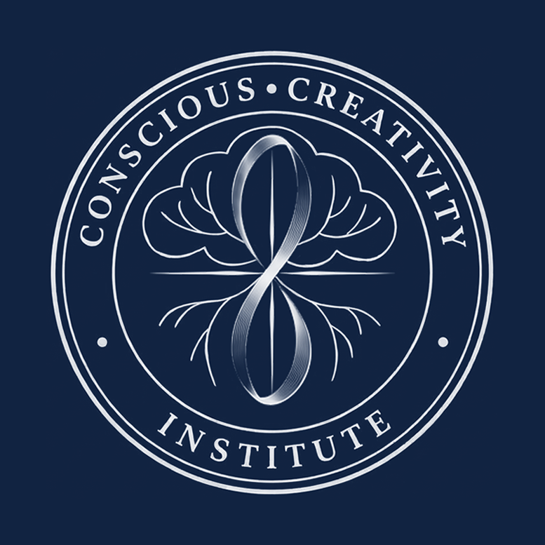 Logo of the Conscious Creativity Institute featuring a stylized brain design intertwined with an infinity symbol, set against a dark blue background.